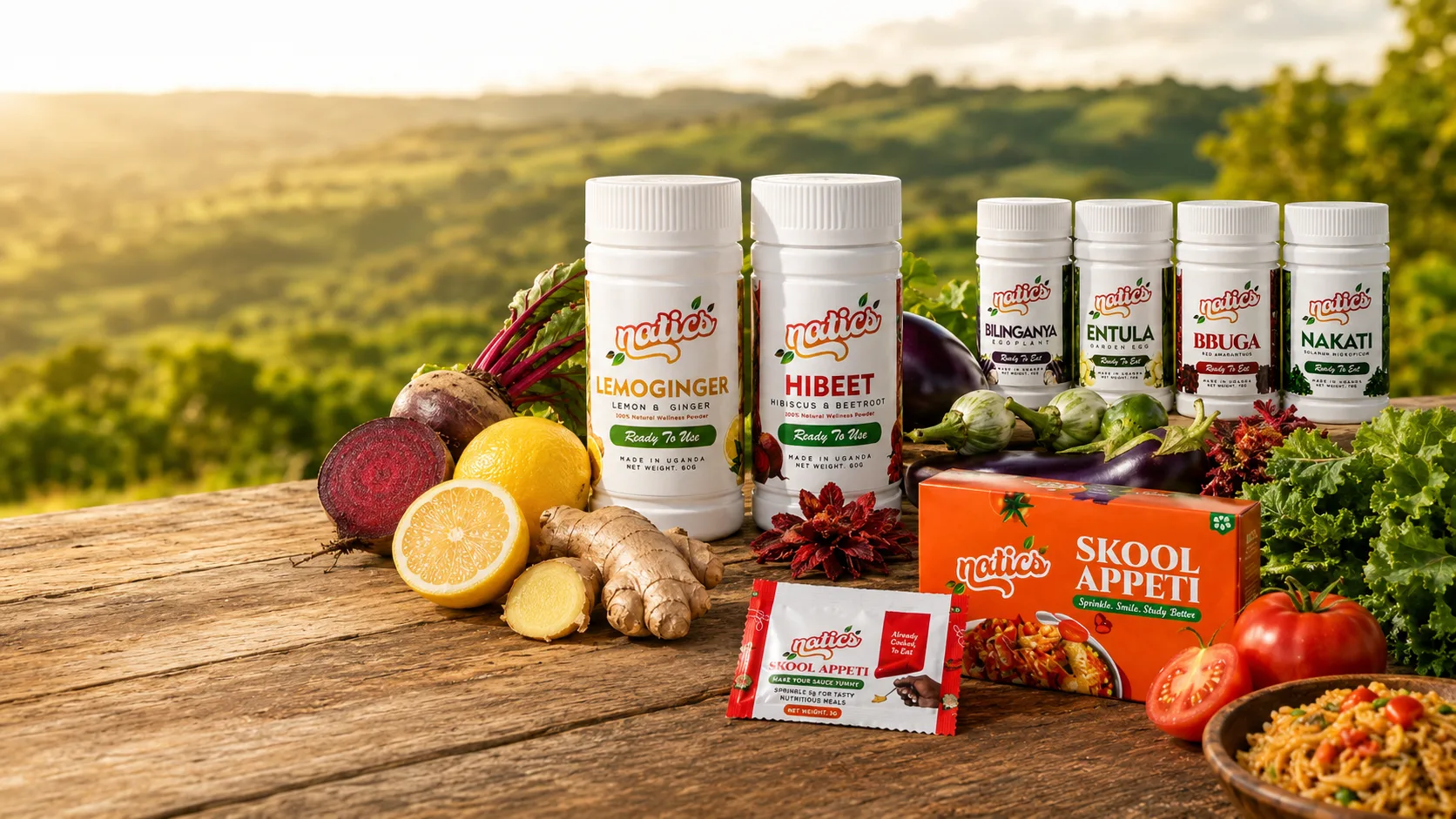 Natics product range arranged with natural ingredients in golden light