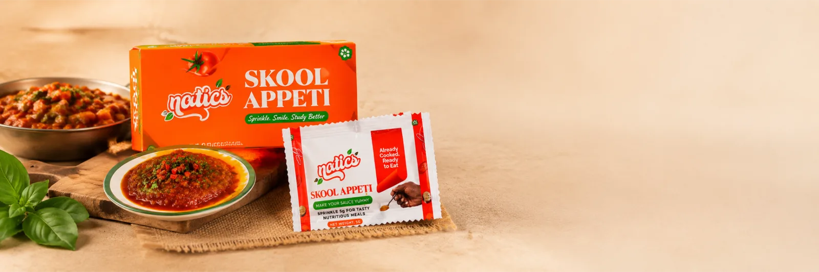 Natics Skool Appeti box, sachet, and meal